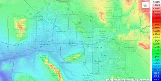 Mapa de elevación de Phoenix