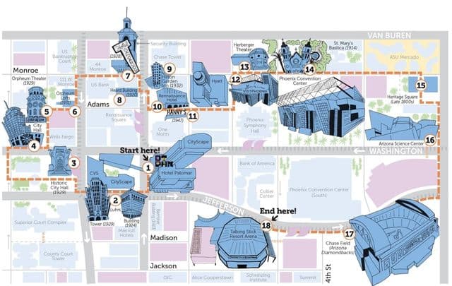 Mapa de los recorridos a pie de Phoenix